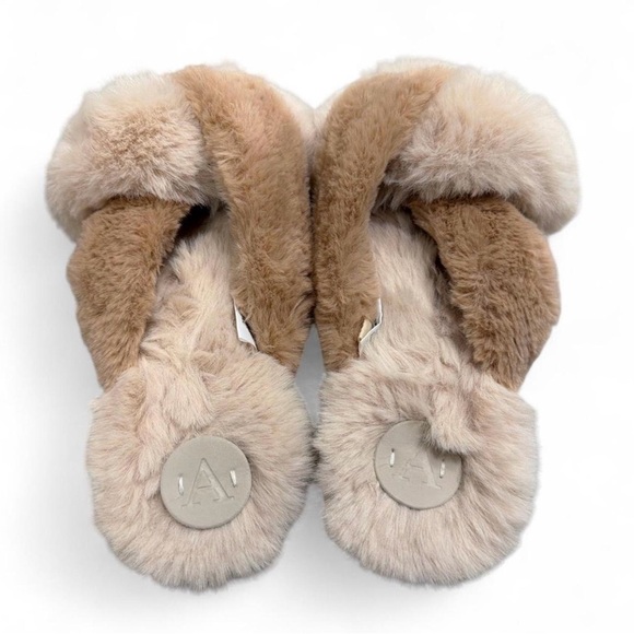 Anthropologie Lexi Slippers - Plush Crisscross Fur Slides M/L - Beige & Cream - Picture 4 of 7